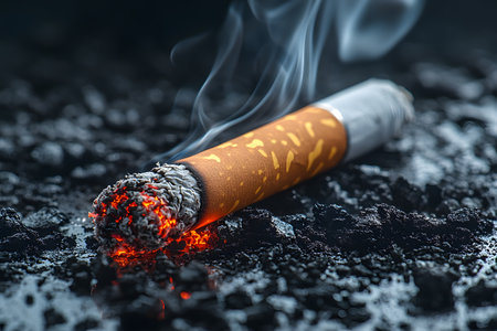 Close-up of a cigarette burning on dark ashes, vividly illustrating the concept of smoking addiction and health risks. the detailed smoke and embers highlight the hazardous effects of smoking. Generative AIの素材