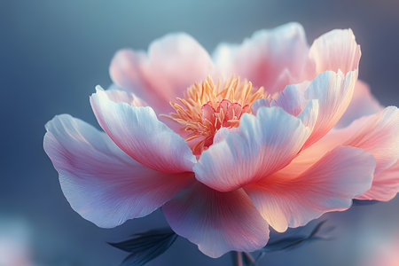 Close-up of a blooming peony with delicate pink petals against a soft background, capturing the intricate details and gentle hues. ideal for floral-themed artwork, this image embodies the beauty of nature and tranquility. Generative AIの素材