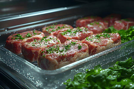 Raw meat steaks garnished with fresh herbs are neatly arranged in a refrigerator display. the vibrant green lettuce adds a contrasting pop of color, enhancing the appeal of the meat selection, ideal for gourmet cooking and culinary presentations. Generative AIの素材