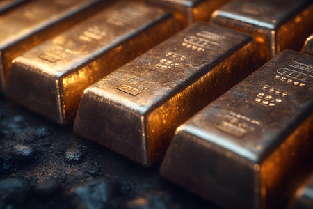 Rows of gleaming gold bullion bars are arranged in close proximity, their lustrous texture and engraved details. the image emphasizes the concept of wealth, investment security, and economic stability through precious metal representation. Generative AIの素材