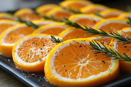 Freshly sliced oranges arranged on a platter are garnished with fresh rosemary sprigs and cracked black pepper. the vibrant citrus and aromatic herbs create an enticing composition ideal for culinary presentations. Generative AIの素材