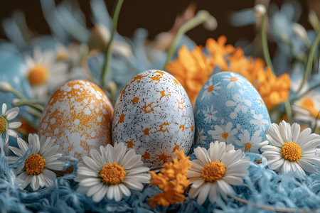 Three artistically decorated easter eggs, featuring speckled and floral designs in blue and orange hues, are nestled among white and yellow flowers. the arrangement creates an appealing spring atmosphere, perfect for easter themes. Generative AIの素材