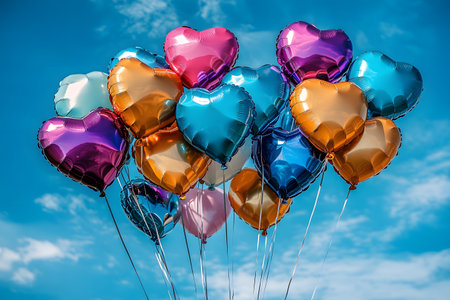 Heart-shaped balloons in vibrant colors float against a clear blue sky, creating a festive and joyful atmosphere. ideal for themes of celebration, love, and special occasions, these balloons make a striking visual for event promotion. Generative AIの素材