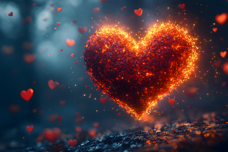 A glowing, fiery heart surrounded by smaller hearts set against a dimly lit background. this vibrant visual embodies love and passion, perfect for valentine's day themes, romantic designs, and heartfelt decorations. Generative AIの素材