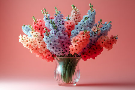 A vibrant bouquet of delphinium flowers featuring pastel shades of pink, blue, and peach arranged in a clear glass vase. set against a smooth pink backdrop, it highlights the elegance and diversity of these blooms, ideal for decor or botanical themes. Generative AIの素材