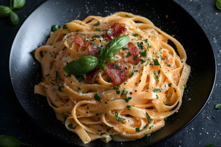 A beautifully plated creamy pasta alfredo topped with crispy bacon and fresh basil leaves, garnished with parsley and cheese on a dark background. the dish highlights the texture and richness of the ingredients, ideal for culinary presentations. Generative AIの素材