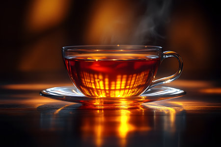 Steaming clear glass teacup filled with rich amber tea on a reflective surface. warm and inviting ambiance, enhanced by soft lighting and blurred, glowing background. ideal for themes of warmth, comfort, relaxation, or culinary enjoyment. Generative AIの素材