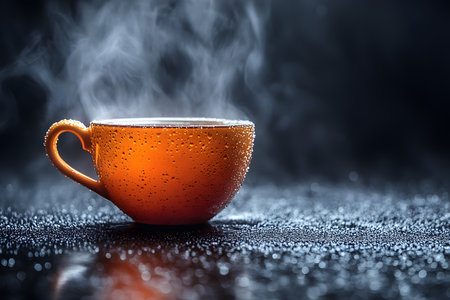 A brightly colored orange coffee cup emits steam as it sits on a wet surface, creating a cozy and inviting atmosphere. the close-up highlights droplets on the cup, emphasizing warmth and freshness, perfect for autumn and relaxation themes. Generative AIの素材