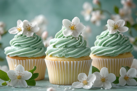 Delightful cupcakes topped with soft pastel green frosting, adorned with delicate white flowers. set against a gentle green background, these desserts evoke themes of spring and celebration, perfect for festive baking inspiration. Generative AIの素材