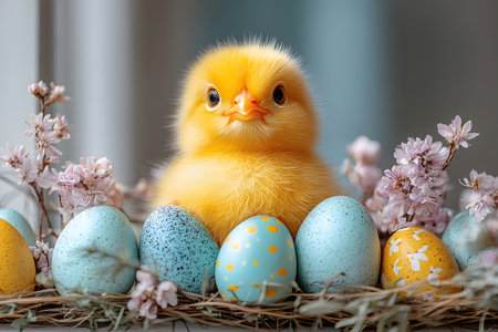 A fluffy yellow chick sits among beautifully decorated easter eggs, nestled within a wreath of delicate cherry blossoms. the scene evokes the freshness of spring and the joy of easter celebrations. Generative AIの素材