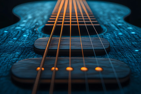 Artistic close-up of guitar strings over fretboard in vibrant lighting. the perspective highlights texture and patterns, capturing the essence of musical creativity and design aesthetics in modern photography. Generative AIの素材
