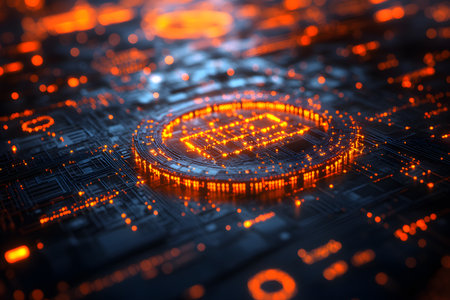 Futuristic circuit board featuring luminous orange elements, symbolizing cutting-edge technology and digital innovation. the abstract design represents data transmission and electronic advancement, ideal for tech themes. Generative AIの素材