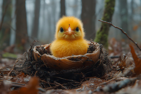 A cute baby duckling with vibrant yellow feathers sits snugly in a nest amidst a foggy forest setting. surrounded by fallen leaves and trees, the scene encapsulates the innocence and beauty of wildlife in a natural habitat. Generative AIの素材