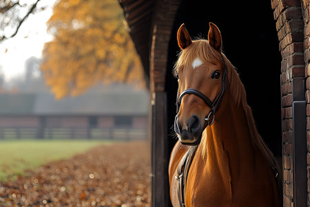 A majestic horse stands gracefully in a rustic stable, surrounded by the vibrant colors of autumn foliage. the scene serene essence of rural life, with golden leaves carpeting the ground and warm sunlight enhancing the horse's features. Generative AIの素材