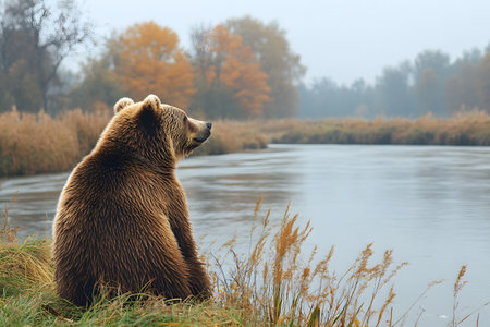 A brown bear sits contemplatively by a serene river in autumn, surrounded by vibrant orange foliage and misty woods. the tranquil scene essence of wildlife in a peaceful natural setting. Generative AIの素材