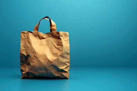 A brown paper bag with handles stands against a vivid teal backdrop, emphasizing eco-friendly packaging and sustainability. the simple yet impactful composition highlights the natural texture and practical design ideal for environmental themes. Generative AIの素材