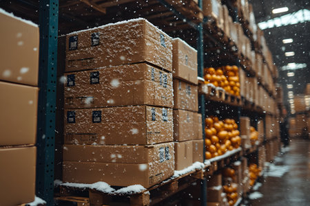 Cardboard boxes dusted with snow are stacked on industrial shelving in an expansive warehouse. to the side, rows of shelves showcase bright oranges. the wintry ambiance casts a unique contrast between the cold and warm tones within the space. Generative AIの素材