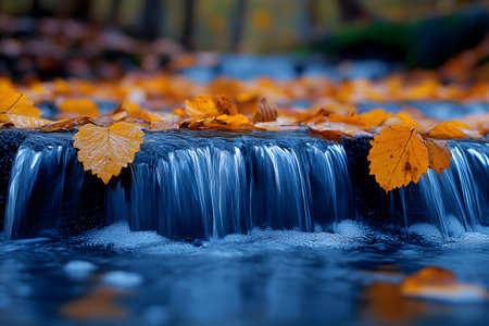 Serene waterfall gently cascading over rocks, adorned with vibrant golden autumn leaves. the tranquil forest background provides a peaceful, natural ambiance perfect for seasonal designs and nature-themed projects. Generative AIの素材