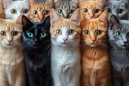 A charming assembly of cats exhibiting diverse fur patterns and colors, displaying vivid expressions. the close-up composition highlights their striking eyes and intricate fur texture, making it ideal for pet-themed designs and projects. Generative AIの素材