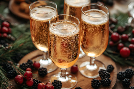 Four elegant glasses of sparkling wine on a rustic wooden board adorned with fresh blackberries and vibrant cranberries. festive pine branches add a seasonal touch, perfect for new year celebrations or holiday gatherings. Generative AIの素材