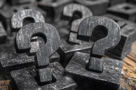 Black wooden question marks arranged in a thought-provoking display. the rough texture and dark tone emphasize mystery and curiosity, perfect for conceptual projects or creative design elements. Generative AIの素材