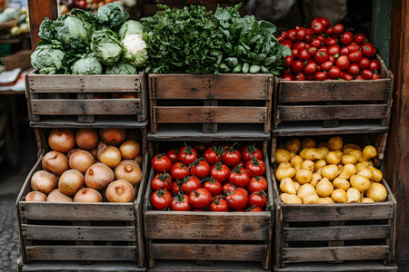 Vibrant assortment of fresh vegetables arranged in wooden crates, showcasing organic tomatoes, potatoes, onions, and leafy greens. perfect for farm-to-table themes, sustainable living, and healthy eating promotions. Generative AIの素材