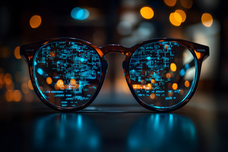 Glasses reflect a digital data pattern, set against a vibrant bokeh backdrop. this abstract scene combines elements of technology, innovation, and modern design, ideal for projects in data analysis, ai, and futuristic themes. Generative AIの素材