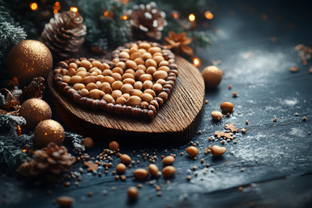 A heart-shaped arrangement of acorns on a rustic wooden platter is accented by festive decorations, including pine cones, snow-dusted greenery, and glowing golden ornaments, capturing a cozy christmas atmosphere. Generative AIの素材