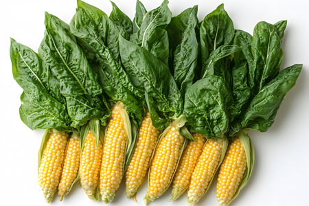 Vibrant display of freshly harvested yellow corn and lush green spinach leaves placed on a white surface. ideal for themes related to organic farming, healthy eating, or culinary arts. suitable for print and digital media. Generative AIの素材