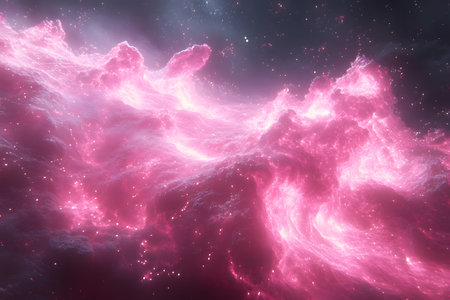 Stunning view of a vivid pink nebula swirling through the darkness of space, showcasing breathtaking cosmic formations and shimmering celestial dust. ideal for science fiction themes, posters, and creative designs. Generative AIの素材