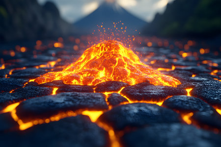 Vibrant scene of molten lava spreading over dark volcanic rocks, with small eruptions and glowing edges. a distant volcano stands against a dramatic sky, the intense natural beauty and power of volcanic activity. Generative AIの素材
