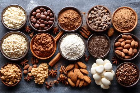 A diverse selection of ingredients for dessert preparation, including cocoa powder, chocolate chips, almonds, cinnamon sticks, and anise stars, arranged in bowls on a rustic surface. ideal for culinary-themed projects. Generative AIの素材