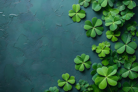 Lush green clover leaves spread across a textured dark green background, creating a vibrant and serene nature theme. ideal for use in designs celebrating nature, st. patrick's day, or promoting natural products. Generative AIの素材