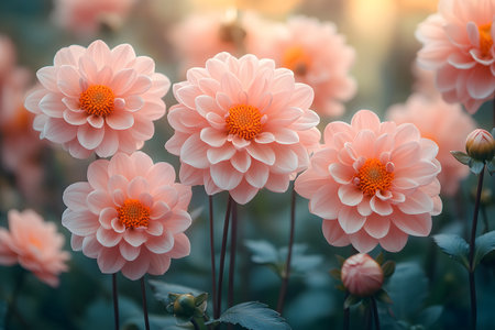 Soft, peach-colored dahlia flowers in full bloom are beautifully illuminated by the gentle light of sunrise. the lush garden setting provides a tranquil background, the intricate layers and symmetry of each blossom. Generative AIの素材