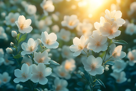 Sunlit jasmine flowers bloom beautifully in a serene garden, creating a tranquil and uplifting atmosphere. the warm, golden light accentuates the delicate petals and lush greenery, offering a refreshing touch of nature's serenity. Generative AIの素材
