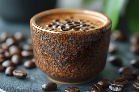A close-up of a textured ceramic cup filled with rich coffee topped with scattered coffee beans. surrounded by additional beans on a dark surface, this scene evokes a cozy, rustic feel perfect for kitchen decor or cafe menu design. Generative AIの素材