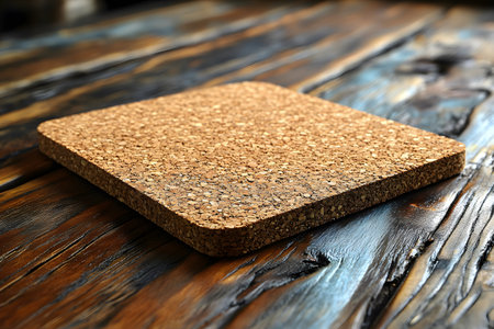 Cork trivet placed on a textured wooden table, the natural, rustic charm of kitchen decor. the contrast between the cork's grainy texture and the smooth wooden surface enhances a cozy dining ambiance. Generative AIの素材