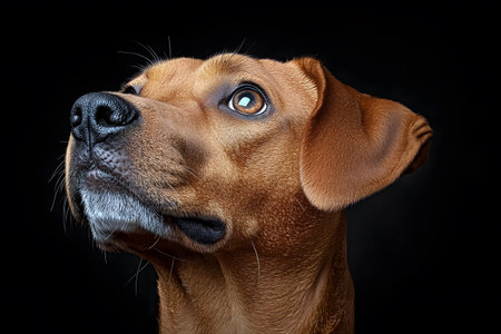 A striking close-up portrait of a brown dog, its expressive eyes and detailed fur against a black background. the image dog's attentive gaze and showcases its features in high detail, perfect for animal lovers. Generative AIの素材