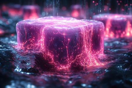 A luminous cube emits radiant pink and violet neon light, creating an otherworldly ambiance. surrounded by a liquid-like reflective surface, it suggests futuristic technology or digital energy concepts. Generative AIの素材