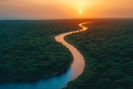 Majestic sunset over a winding river surrounded by lush greenery, creating a peaceful and tranquil atmosphere. the vibrant sky and reflective water highlight nature's beauty, perfect for relaxation and meditation themes. Generative AIの素材