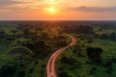 A captivating view of a winding dirt road cutting through lush green african savanna under a stunning sunset. the landscape features iconic baobab trees and a vibrant orange sky, perfect for conveying adventure and natural beauty. Generative AIの素材