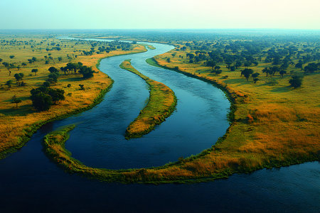 A picturesque river winds gracefully through the expansive african savannah, surrounded by lush greenery and scattered trees under a clear sky. the scene tranquility and vastness of the natural landscape, ideal for nature and travel-themed photography. Generative AIの素材