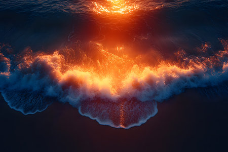 Ocean waves crash onto the shore, illuminated by the warm golden hues of a setting sun. the vibrant contrast of colors creates a serene and calming ambiance, perfect for beach-themed designs and relaxation-focused artwork. Generative AIの素材