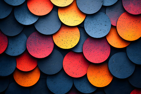 Vibrant abstract background featuring a geometric pattern of overlapping circles in rich red, yellow, and blue hues. the textured surface adds depth and interest, making it perfect for modern design projects. Generative AIの素材