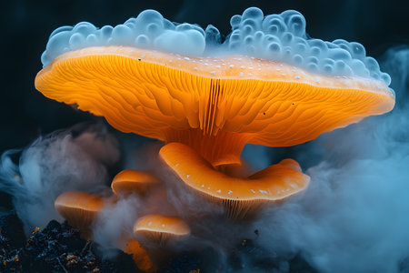 Close-up view of striking orange mushrooms emitting an ethereal mist, creating a mystical atmosphere. the vibrant colors and intricate gills highlight the beauty of fungi in a natural setting, ideal for fantasy or nature-themed design projects. Generative AIの素材