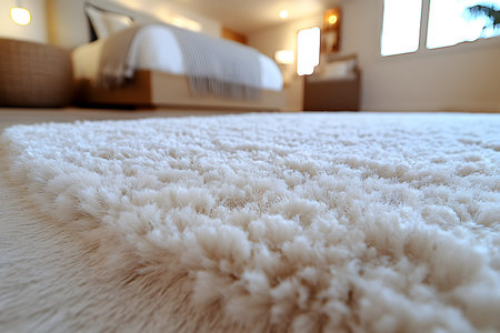 Plush white rug adding texture and warmth to a modern bedroom interior, featuring soft lighting and minimalist decor that creates a serene and inviting atmosphere, perfect for relaxation and comfort. Generative AIの素材