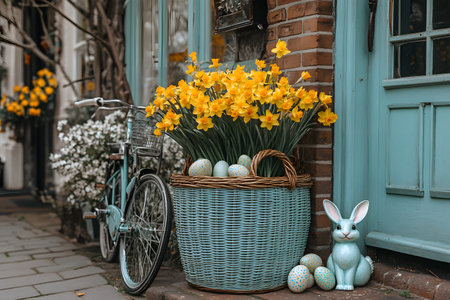 Vibrant yellow daffodils in a wicker basket adorned with painted easter eggs sit beside a vintage bicycle and a charming rabbit sculpture, creating a picturesque spring scene against a teal door background. Generative AIの素材