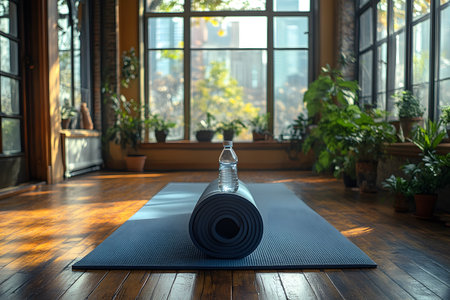 Spacious yoga studio with a rolled yoga mat and water bottle in the foreground. large windows provide natural light, surrounded by lush green plants, creating a tranquil ambiance perfect for meditation and relaxation. Generative AIの素材