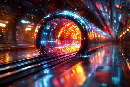 A mesmerizing futuristic tunnel illuminated by vibrant neon lights in hues of blue, orange, and red. the dynamic light trails create a sense of motion, ideal for sci-fi themes or innovative design projects. Generative AIの素材