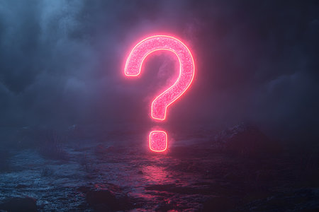 A vibrant neon question mark illuminates a dim, foggy landscape, creating a mystical and thought-provoking atmosphere. the contrasting elements symbolize curiosity, mystery, and the pursuit of knowledge amidst uncertainty. Generative AIの素材